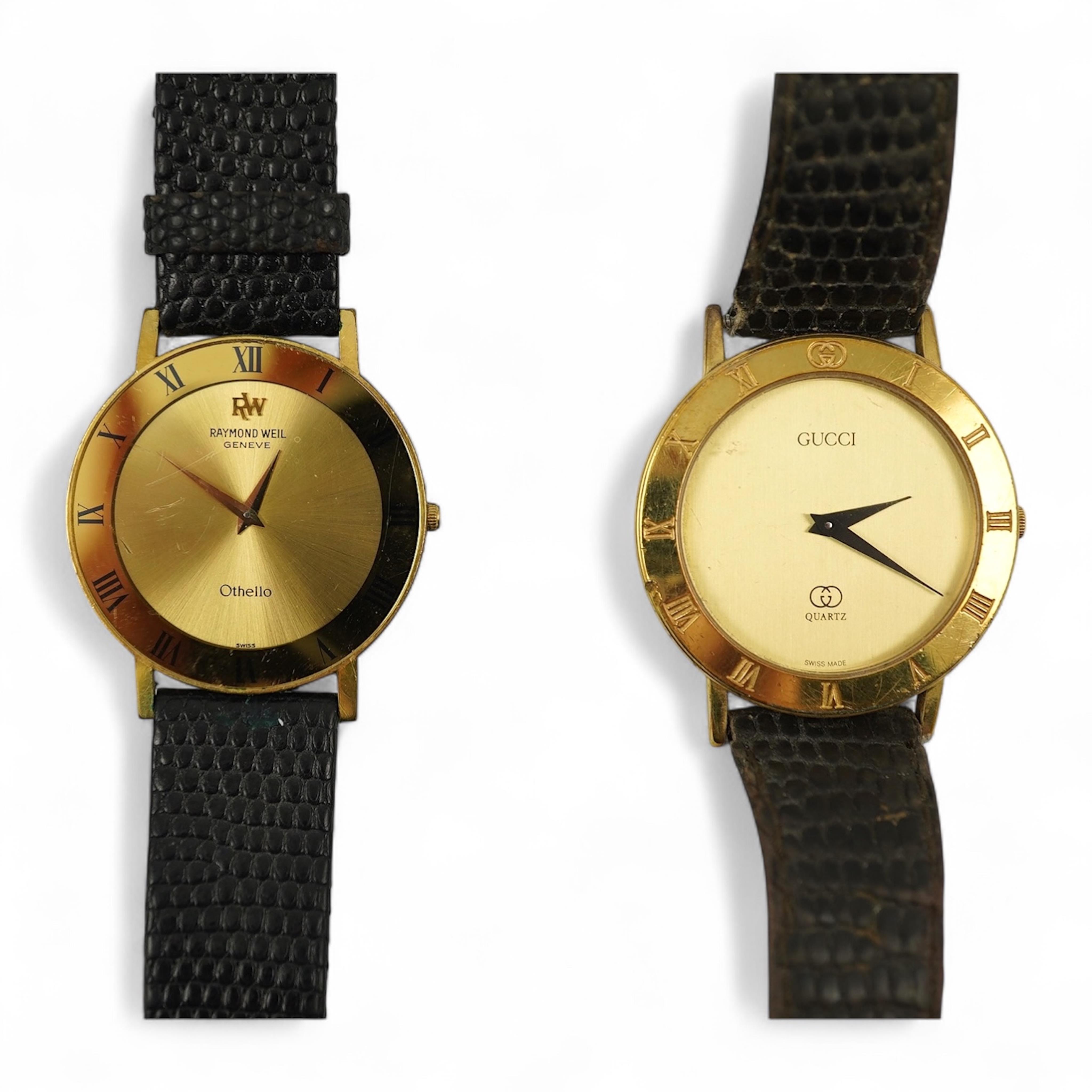 A gentleman's recent 18k gold electro-plated Raymond Weil quartz dress wrist watch, case diameter 33mm and a similar Gucci quartz dress wrist watch.